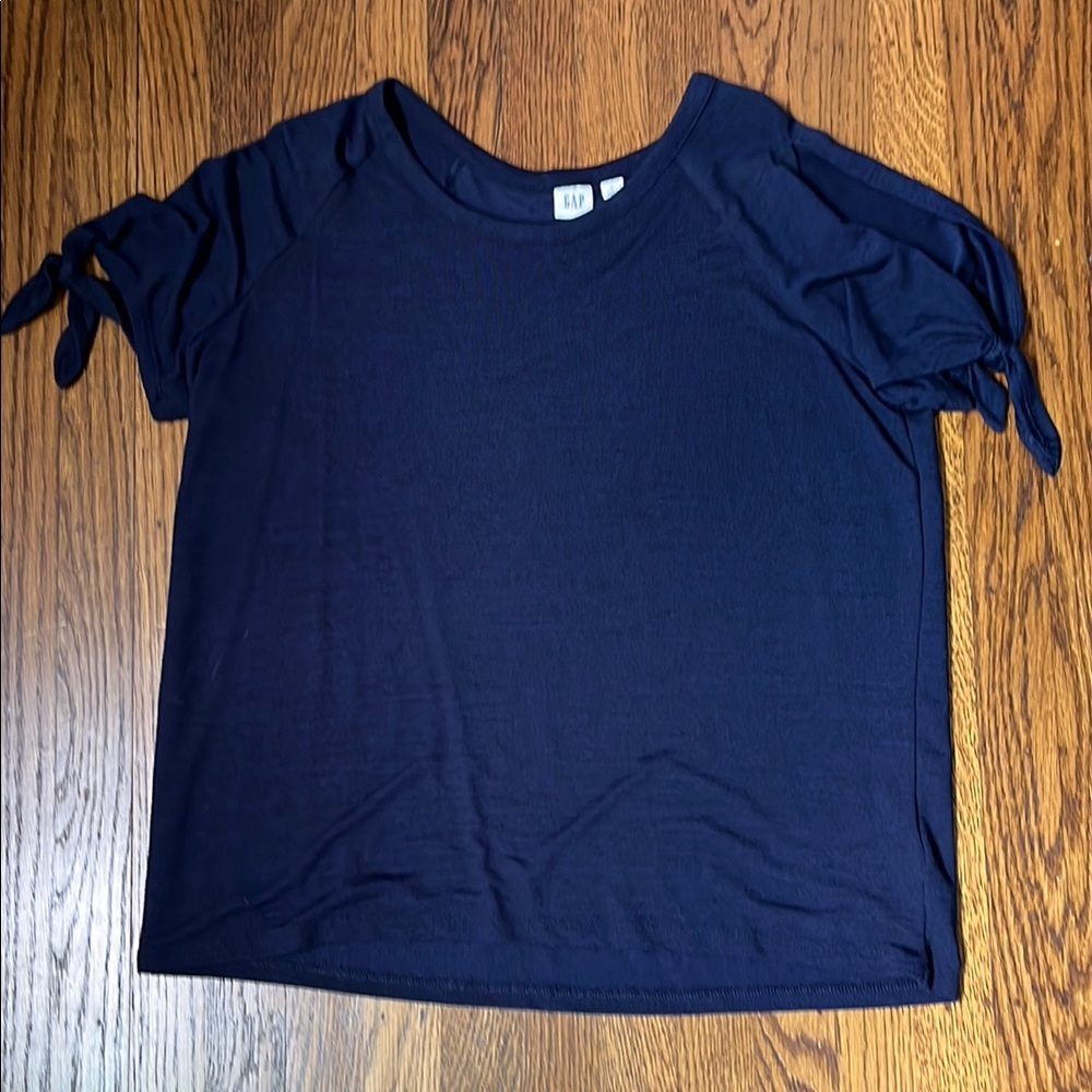 Navy Blue Women's Top, tied shoulder sleeve w/opening,L, silky sweater like
